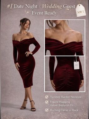 NWT Club L London Berry Velvet Bardot Midi Dress ❤️‍🔥